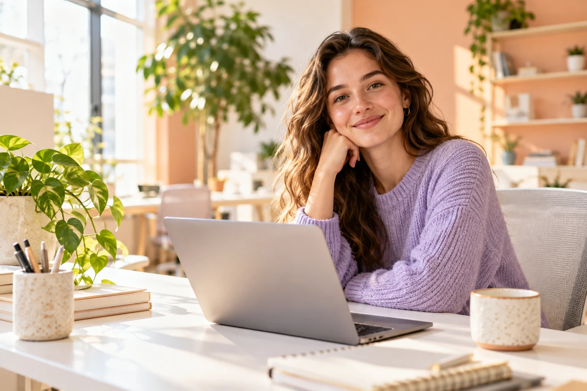 Visuel d’ambiance créé avec l’IA : une nouvelle collaboratrice à son bureau